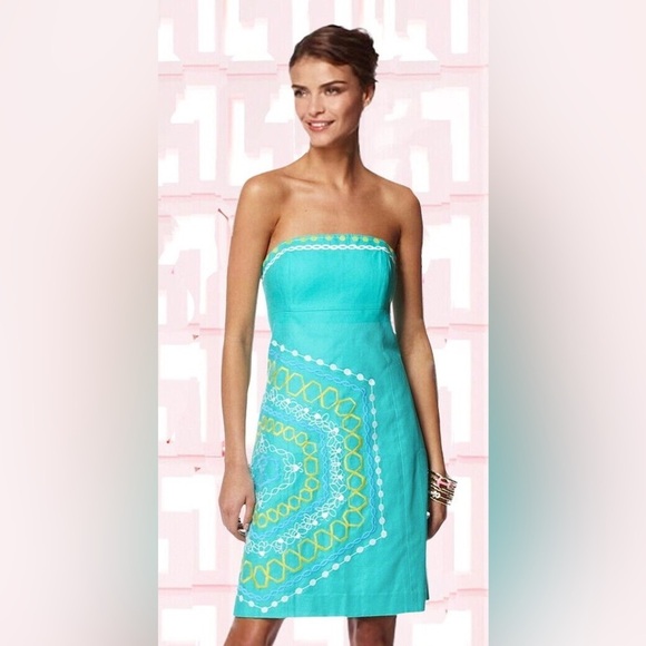 Lilly Pulitzer Bowen Aqua Comb Get It Embroidered Strapless Dress NWT - Picture 1 of 13